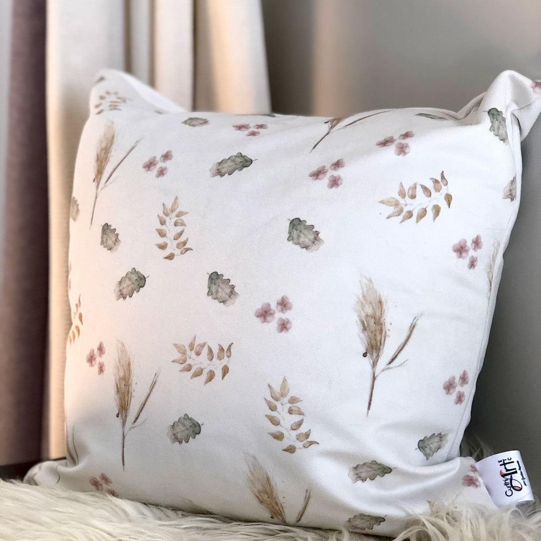 Housse de coussin  · Pampas, feuillage et myosotis roses