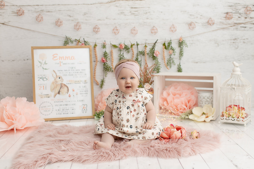 Affiche premier anniversaire ''petite lapine et douces fleurs''