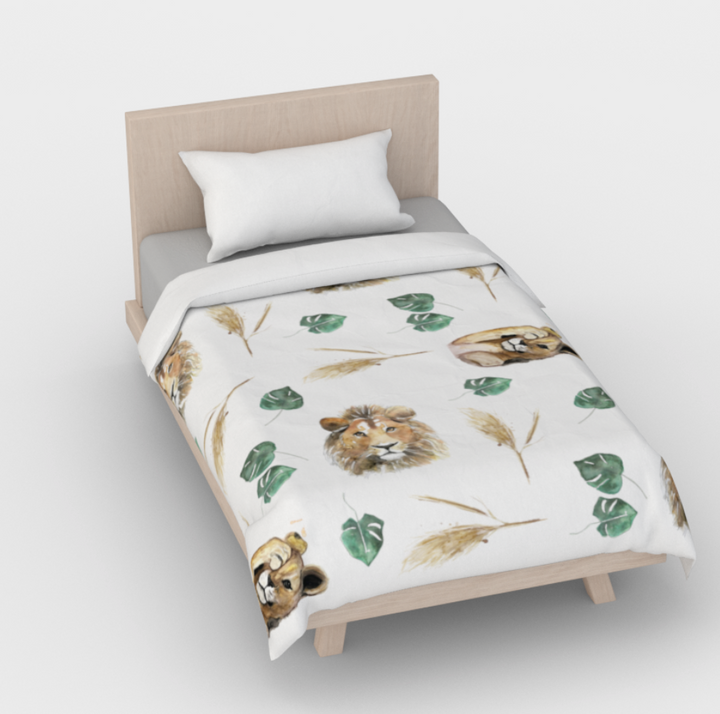 Housse de couette lion, pampas et monstera - naturel en satin de coton