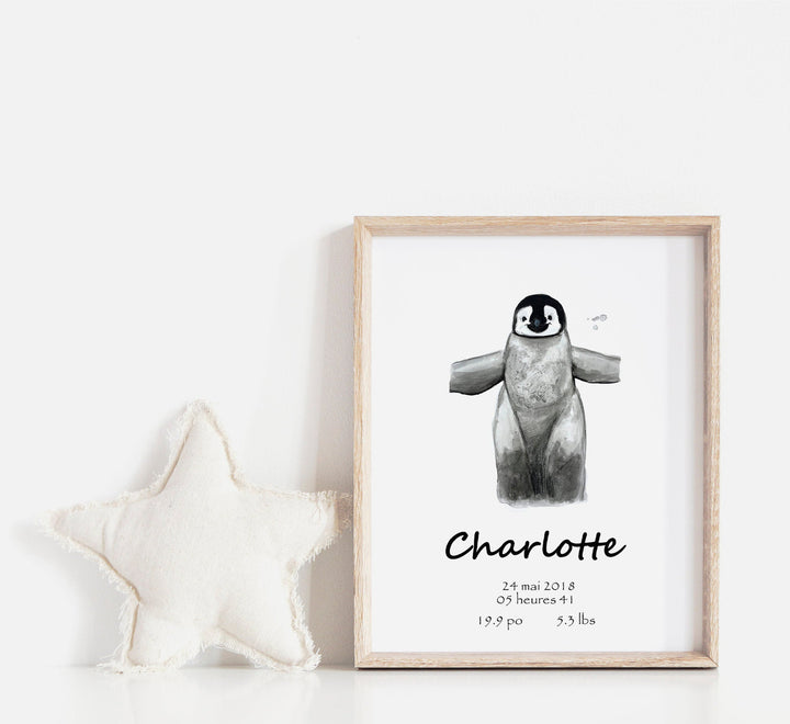 Affiche de naissance personnalisée pingouin