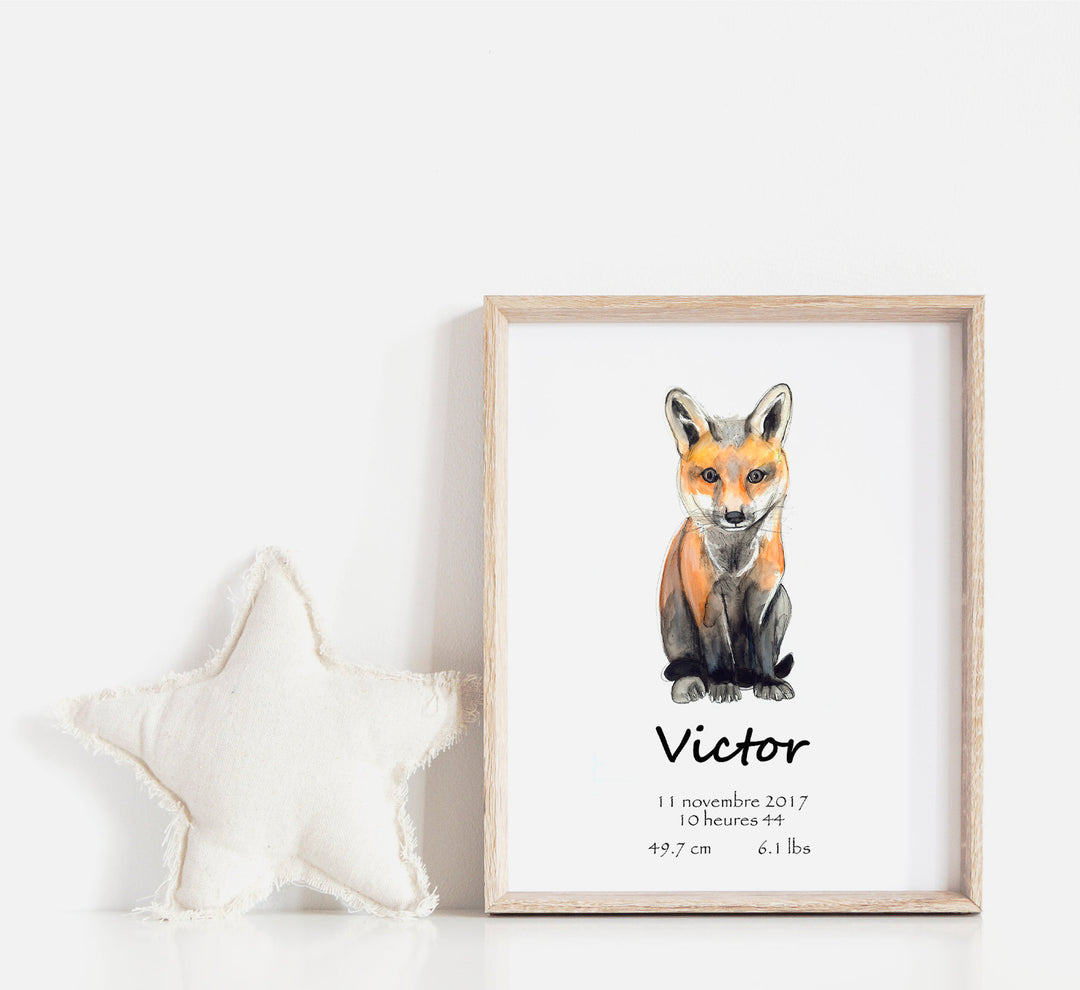 Personalized sitting fox birth poster