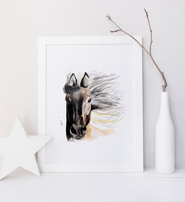 Illustration - farm animals - horse with flowing mane