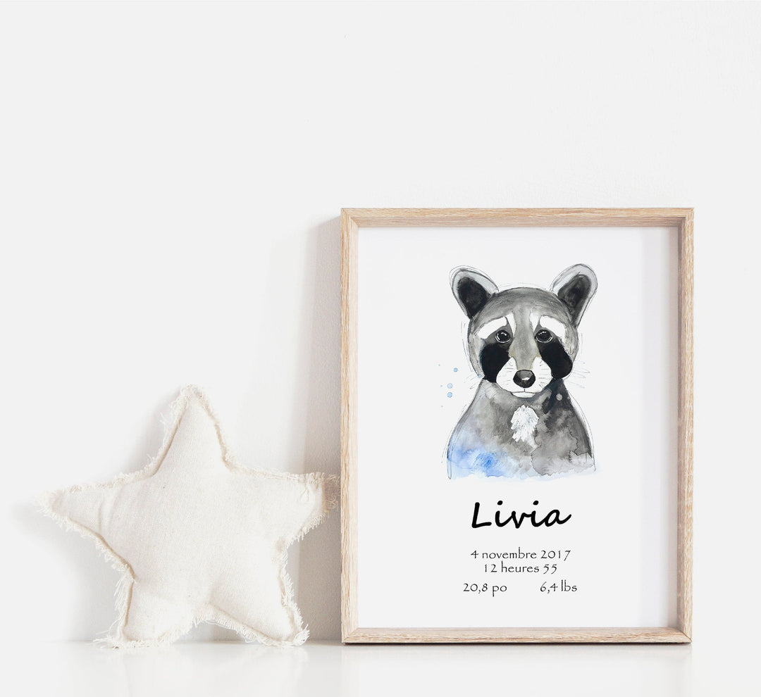 Personalized raccoon birth poster