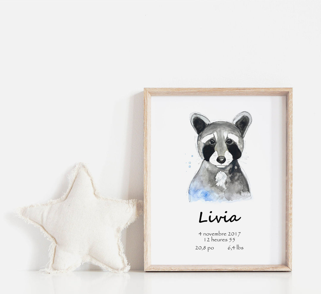 Affiche de naissance personnalisée raton-laveur