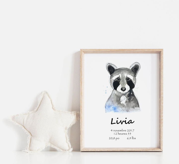 Affiche de naissance personnalisée raton-laveur