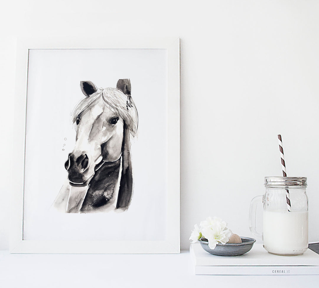 Illustration imprimée - animaux de la ferme - cheval gris
