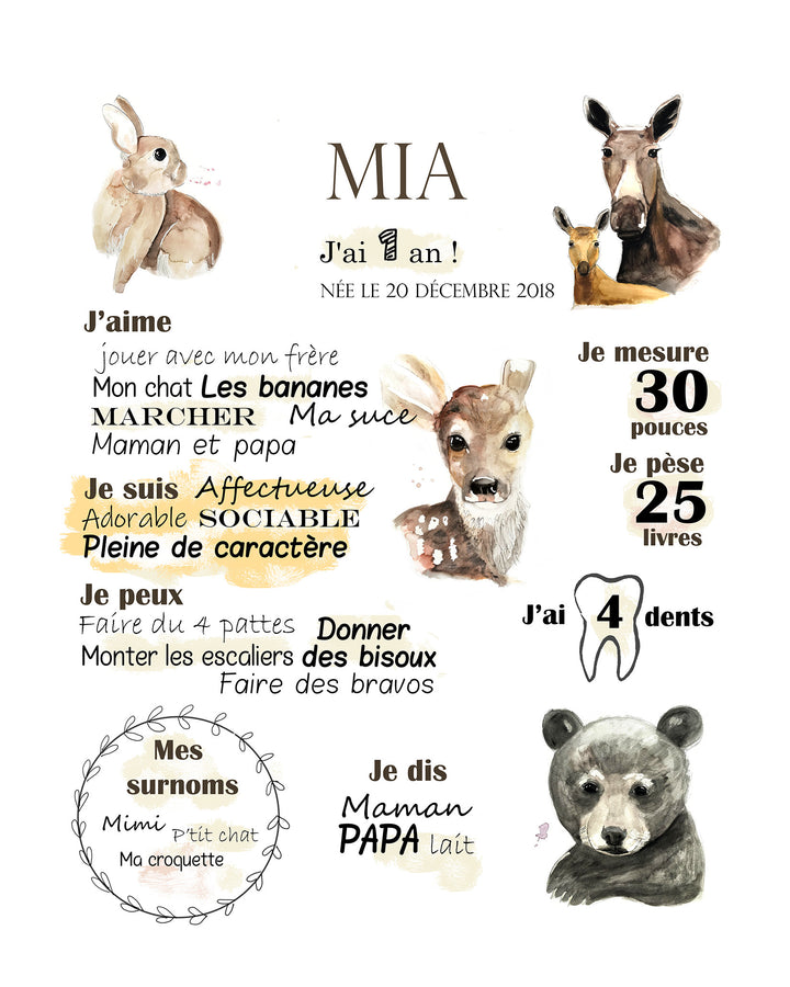 Affiche premier anniversaire ''animaux de la forêt''